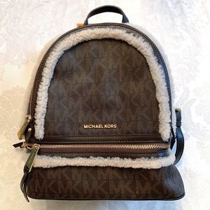 Michael Kors Rhea Fur Trim Brown Monogram Backpack